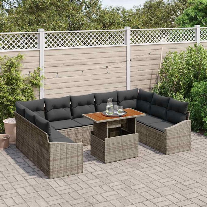 vidaXL Tuin Eettafel Set met kussen 10 pcs Grijs en Bruin