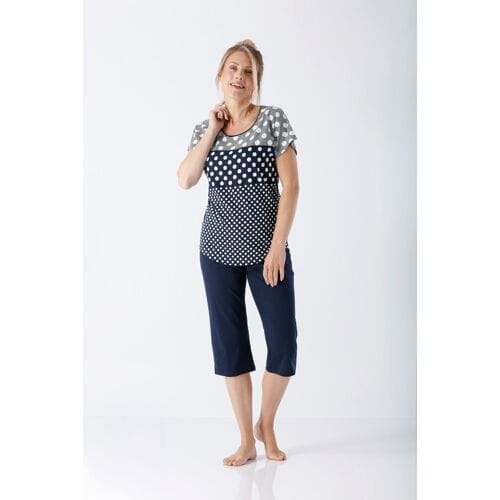 Hajo dames pyjama donkerblauw en stippen - Blauw - Maat - 40/42