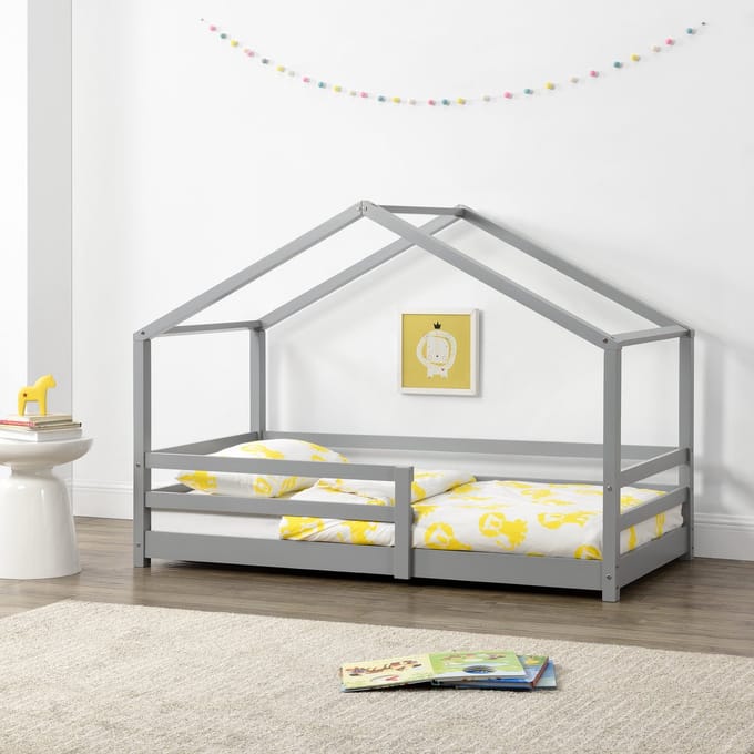 Kinderbed huisbed met uitvalbeveiliging 90x200 lichtgrijs