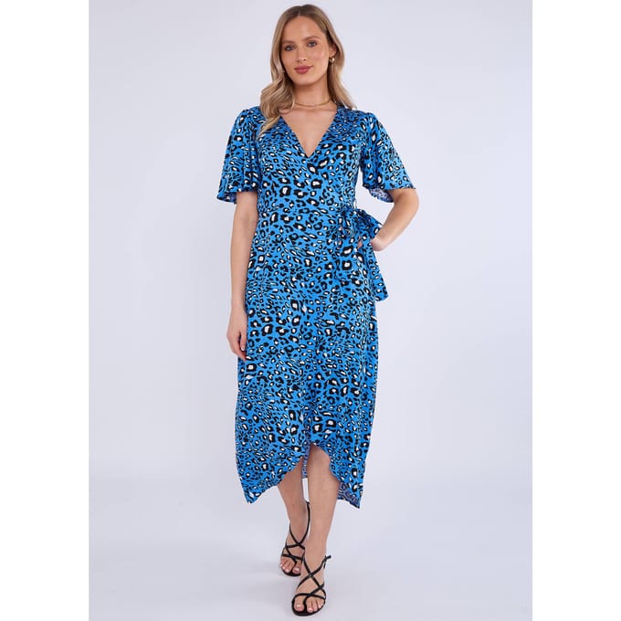Midi-jurk met blauwe dierenprint in viscose