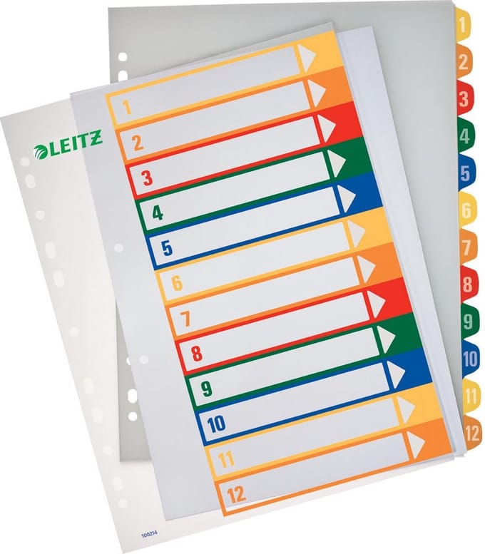 Tabblad Leitz WOW A4+ 11-gaats 1-12 PP assorti - 10 stuks