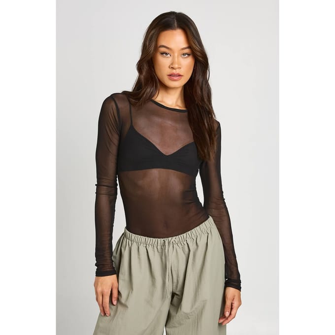 boohoo Dames Lang Basic Mesh Bodysuit Met Lange Mouwen | Zwart | Maat: 46