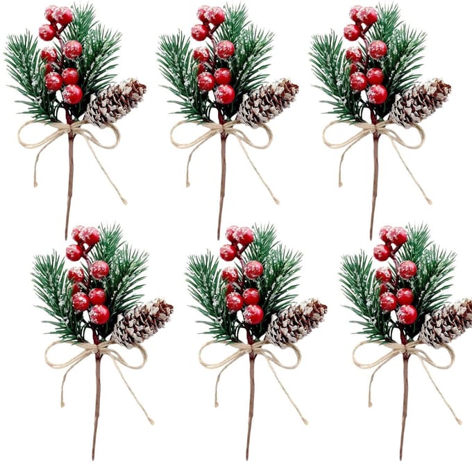 Dailygoods- Kerstbessenstengels 6 Stuks - Kunstmatige Dennenprikkels