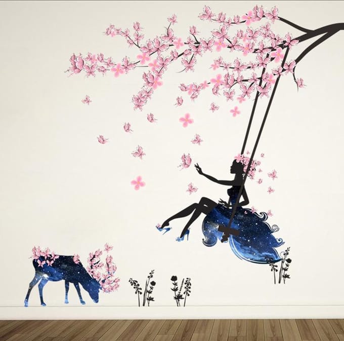 Vlinder boom met fee en rendier muursticker | 120x100cm |