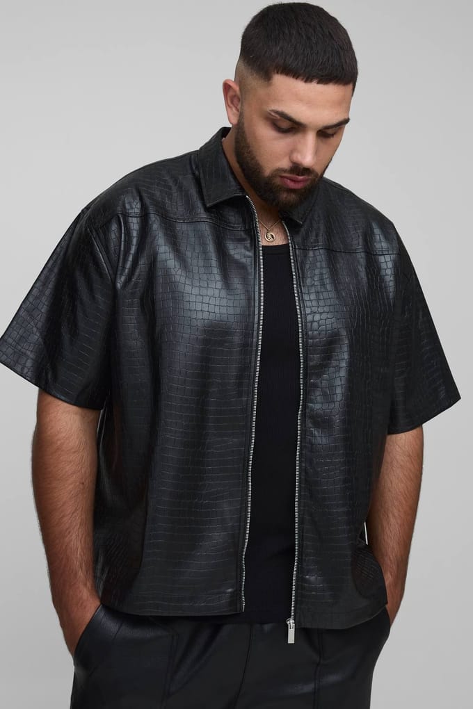 Plus Croc PU Zip Up Shirt | Black | Size 3XL