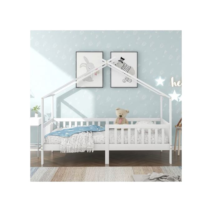 Lit enfant - MUVOE - Bois massif - 200x90 cm - Blanc - Garde-corps inclus blanc