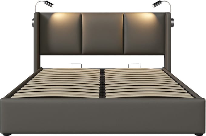 COVREO Bedframe 160x200 cm - grijs kunstleer, opbergruimte, zonder matras