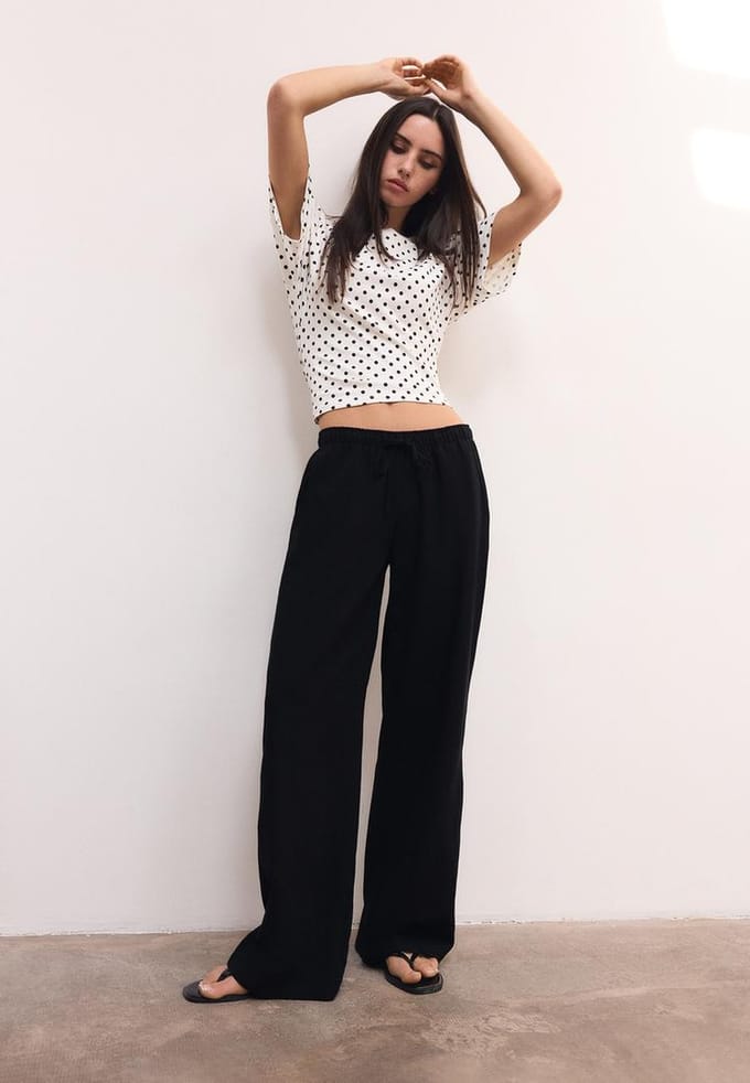 Stradivarius Broek met linnenlook en koord  Zwart M