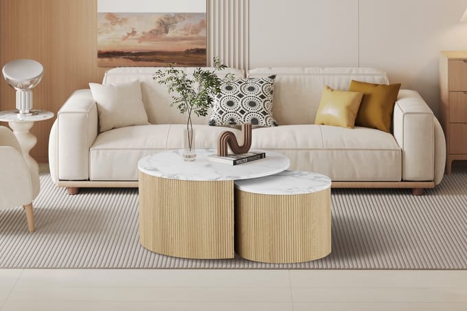 Salontafel 'Rowan' Set van 2 Rond Decor Marmer Beige