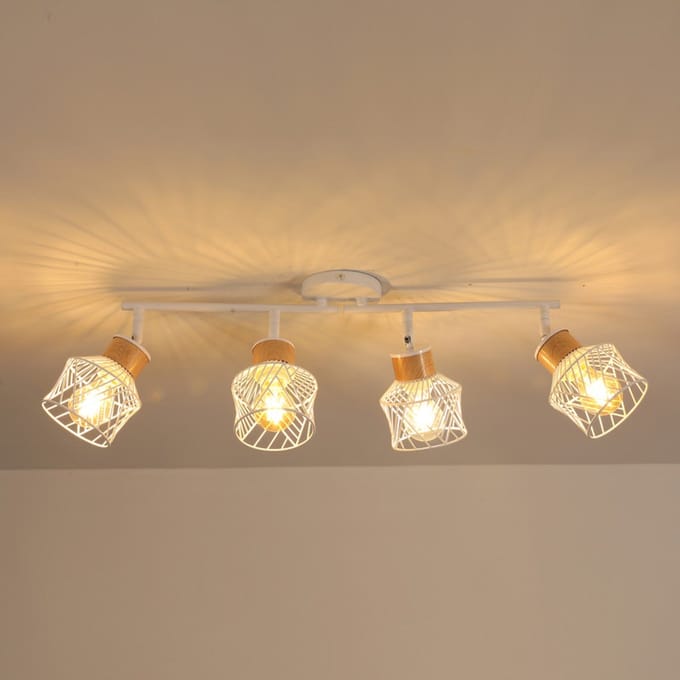 Haobosic IJzeren Vogelkooi - Plafondlamp - Wit + Hout - 73x12x24cm - E27 Verstelbare Fitting