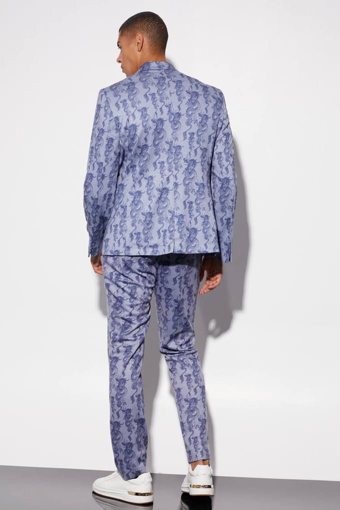 Slim Fit Wrap Dragon Printed Suit Jacket | Ice Blue | Size 46