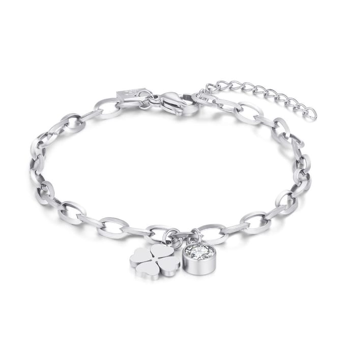 Twice As Nice Armband in edelstaal, ovale schakels, klaver, 1 kristal 16cm+3cm