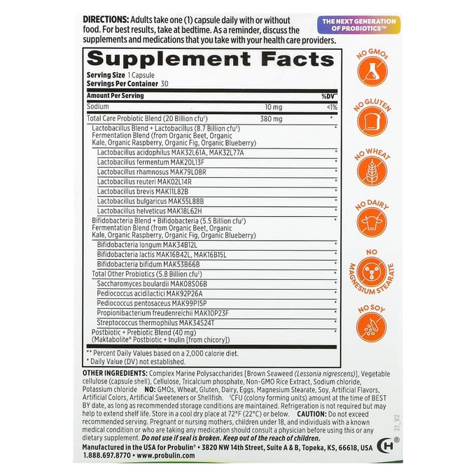 Probiotique Soin Total, 20 Milliards d'UFC, 30 Capsules