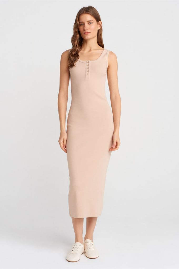 Geribbelde Midi Bodycon Jurk Met Knopen