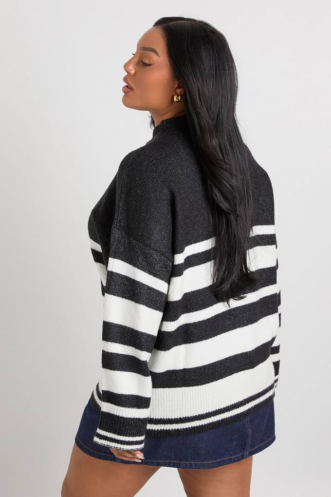 boohoo Dames Plus Mixed Stripe Oversized Jumper | Black | Maat: 16-18