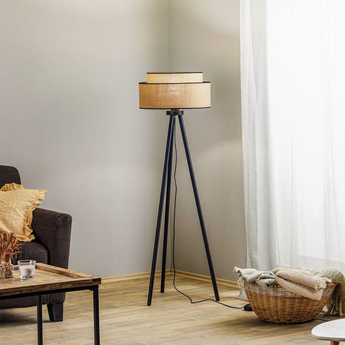 Duolla Vloerlamp Boho, bruin/zwart, textiel/metaal, hoogte 145 cm