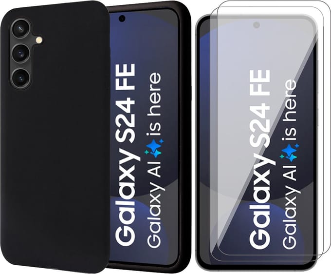 Hoesje geschikt voor Samsung Galaxy S24 FE - 2x Screenprotector Glas - Mat Back Case Zwart