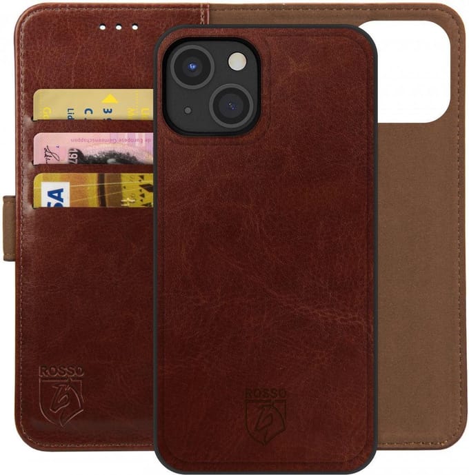 Rosso Element Uitneembaar 2-in-1 Hoesje Geschikt voor Apple iPhone 13 | Luxe Portemonnee | Back Cover | Pasjeshouder | Bruin