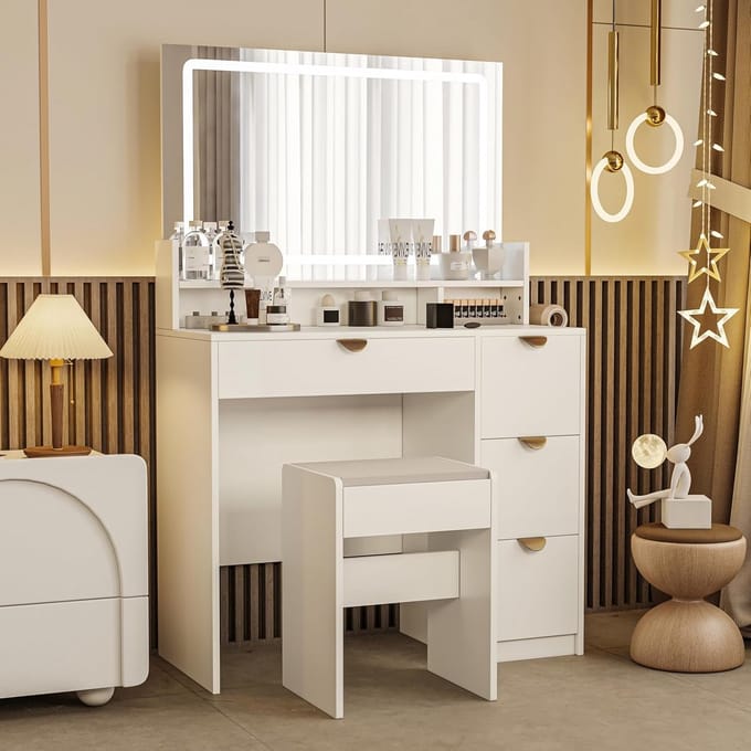 Grote Kaptafel 90 cm met LED Spiegel en Kruk - Make-up Tafel met Opbergruimte