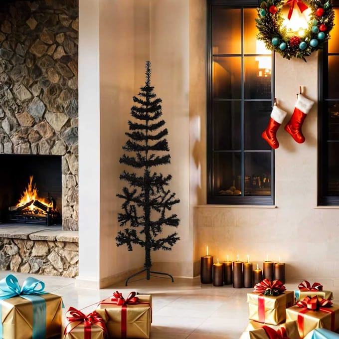 vidaXL - Kunstkerstboom - half - met - standaard - smal - 150 - cm - zwart