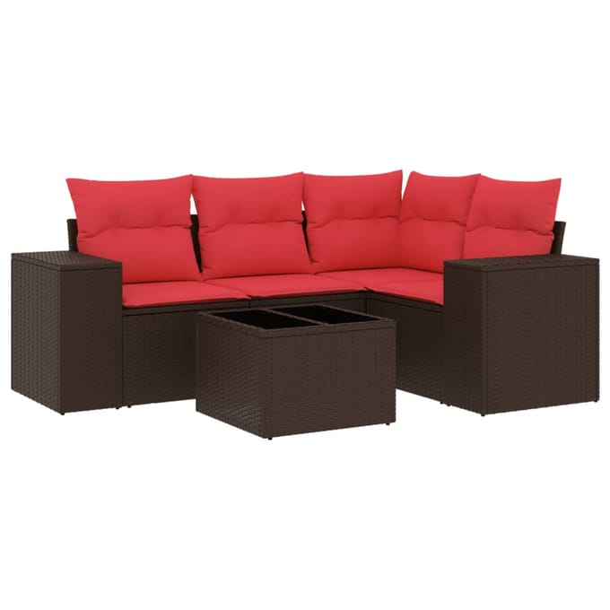 vidaXL - 5-delige - tuinbankset - met - kussens, - bruin - polyrotan