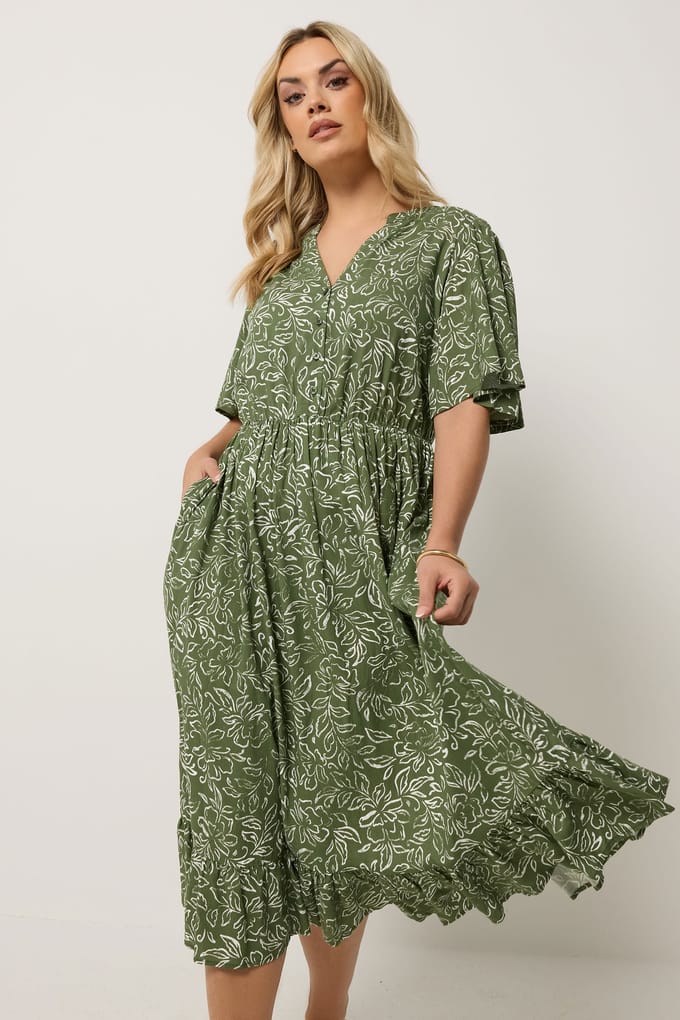 Yours Kaki Groene Midijurk Met Bloemenprint Size 58-60
