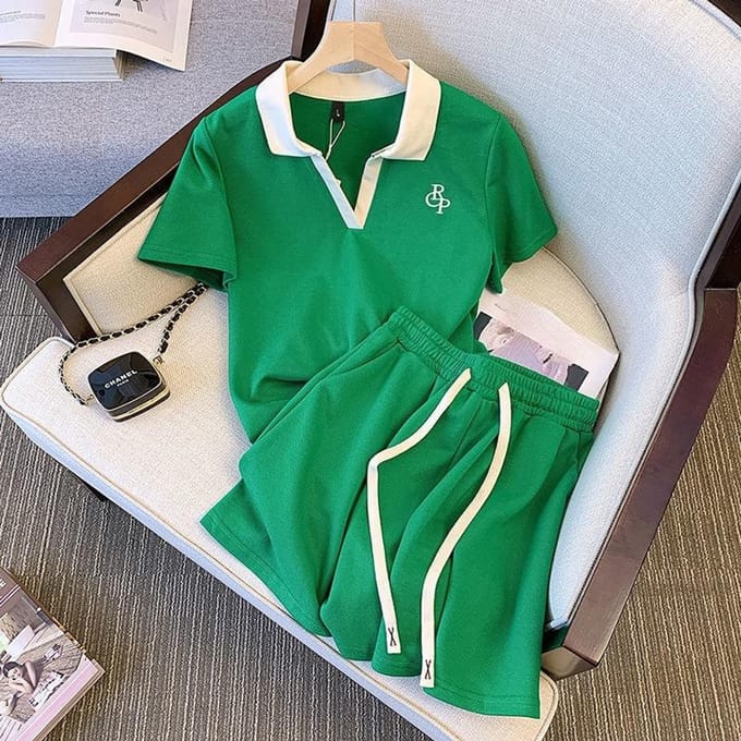 Ensemble Sportif Décontracté Grande Taille pour Femmes - Mode d'Été Ensemble Deux Pièces Short à Manches Courtes Ample pour Dames 4XL vert