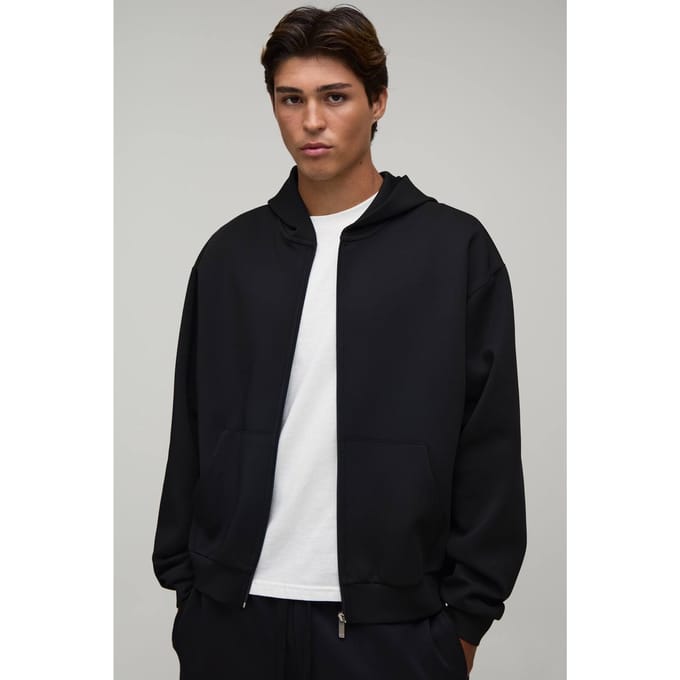 Oversized Boxy Hoodie Met Rits Van Gebonden Scuba-stof | Black | Size Medium