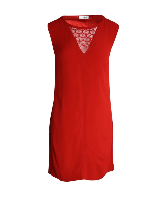 Sandro Paris mouwloze jurk met V-hals en kanten details in rode cupro
