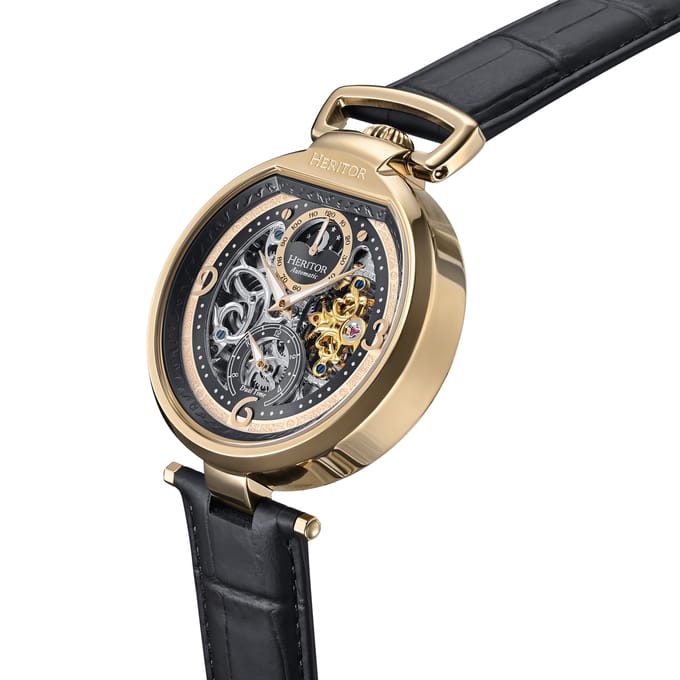 Heritor Automatic Lincoln leren band skelethorloge met maanfase - goud