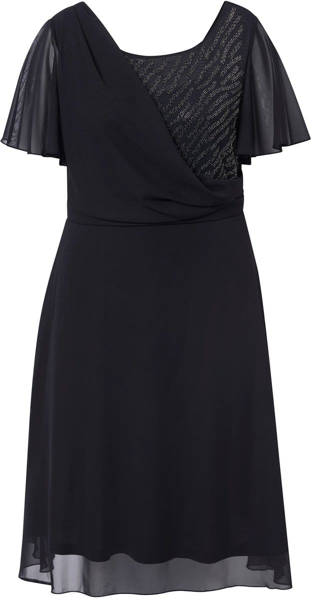 Ulla Popken - Dames - Midi-avondjurk chiffon gedrapeerd - Zwart - Maat 56