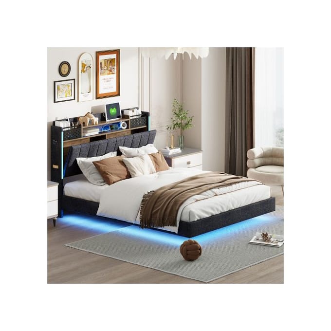 Lit rembourré - MUVOE - 140x200 - Éclairage LED - Prise USB - Tête de lit avec rangement gris