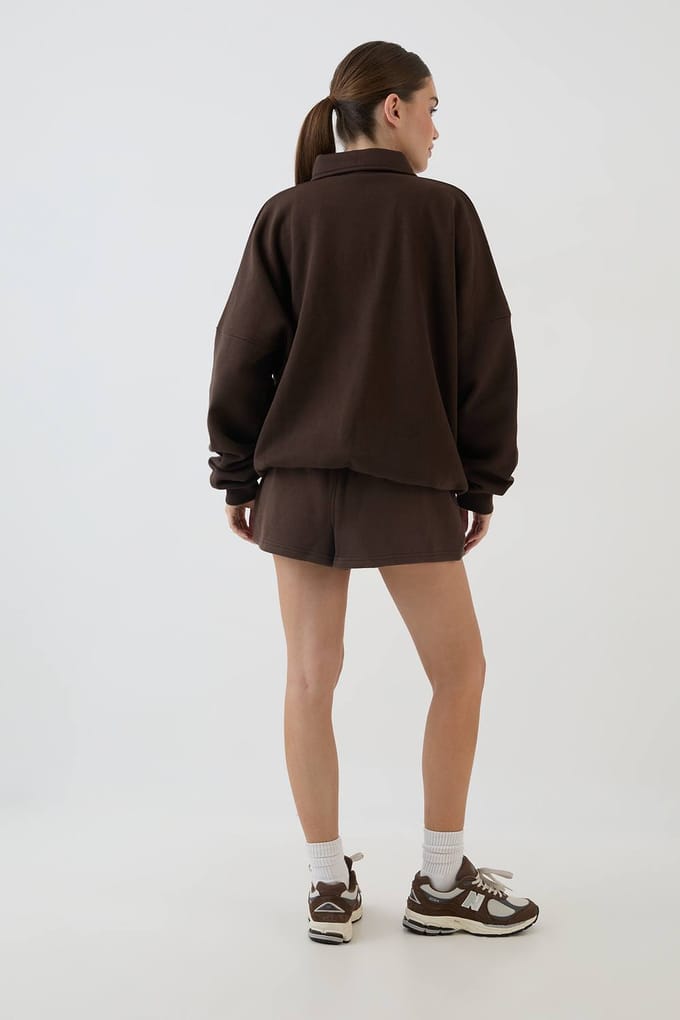 Dames Dsgn Studio Sweat Short Met Applique Van Dezelfde Stof In Losse Pasvorm | Dark Chocolate | Maat: Medium