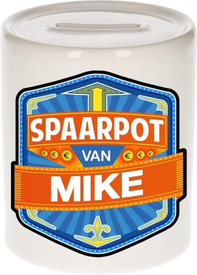 Bellatio Decorations Kinder spaarpot met naam - Mike - keramiek - met dop - wit - Sparen - Spaargeld van Mike