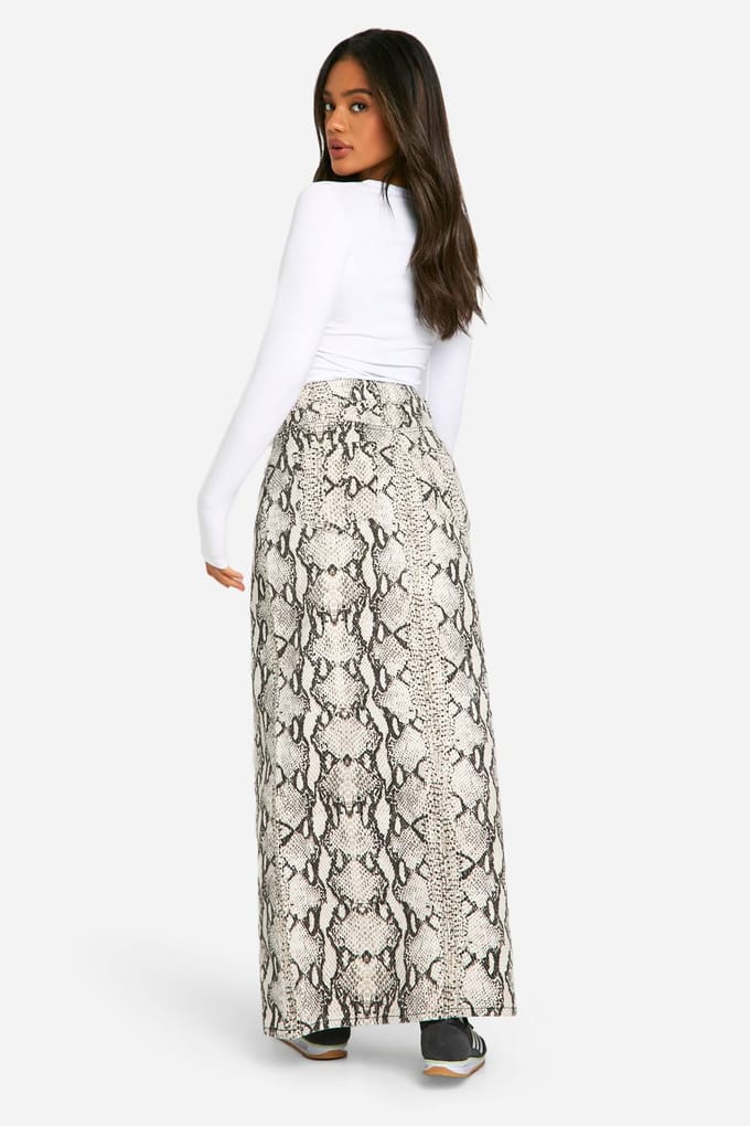 boohoo Dames Snake Print Denim Midaxi Rok | Slangenprint | Maat: 38