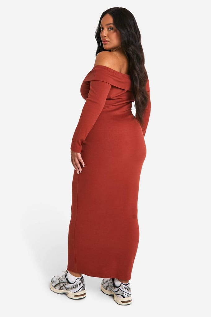 boohoo Dames Plus Basic Rib Bardot Maxi Jurk | Roest | Maat: 46