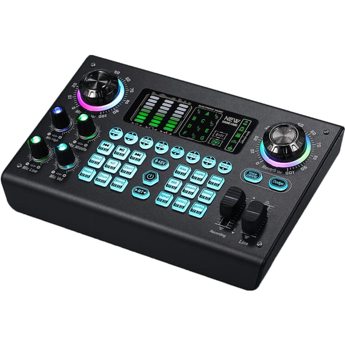 Multifunctionele mixer Draagbare digitale geluidskaart BT USB-mengpaneel Ingebouwde 48V fantoomvoeding zwart