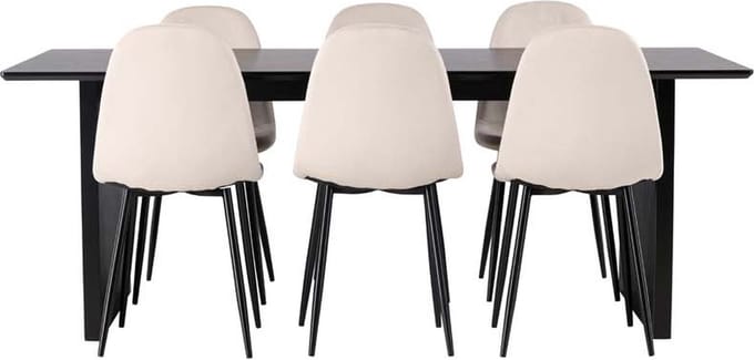 Vail eethoek tafel zwart en 6 Polar stoelen beige.