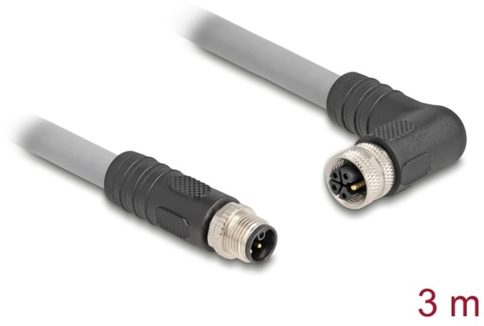 Delock M12 Cable L-coded 5 pin male straight to female right angled PUR suitable for drag chains 3 m grey