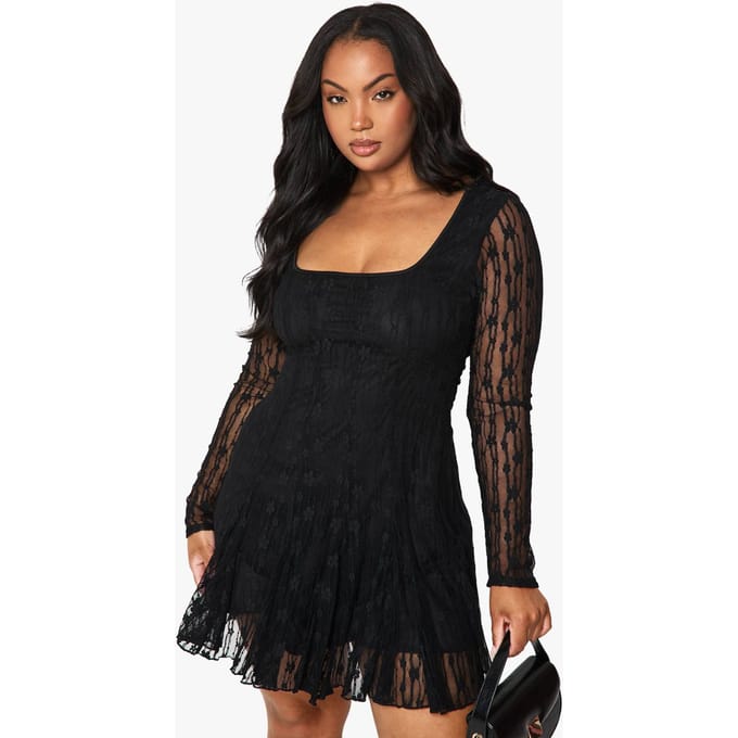boohoo Dames Plus kanten godet mini skater jurk | Black | Maat: 28
