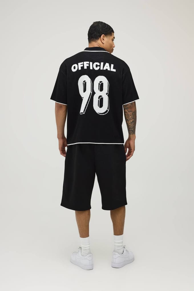 Oversized Boxy Polo Met Motografische Print Gebreid | Black | Size Medium