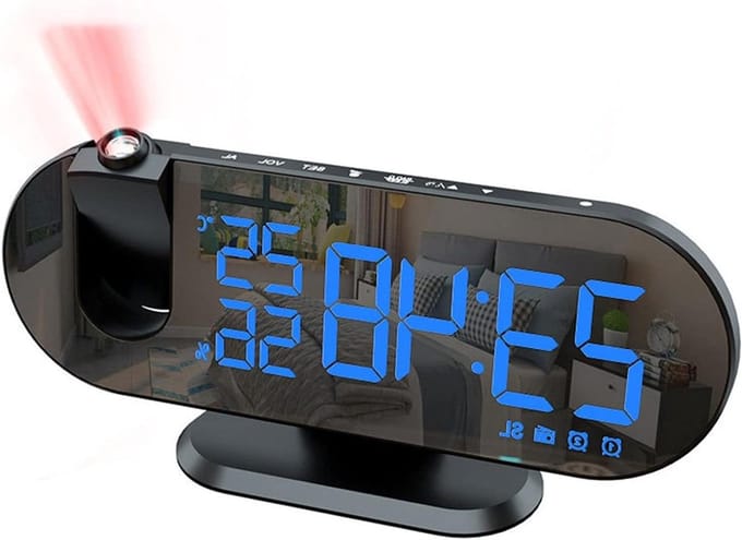 Digitale Wekker - Projectie Klok - Tijd Projecteren - Dubbel Alarm - 180 Graden - Blauw