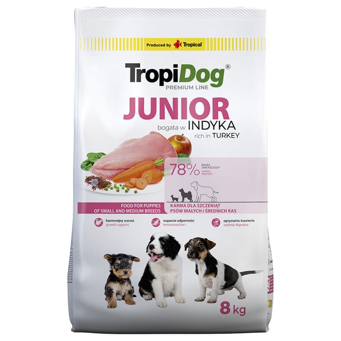 2x8kg Tropidog Premium Junior Small & Medium Droogvoer met kalkoen en rijst