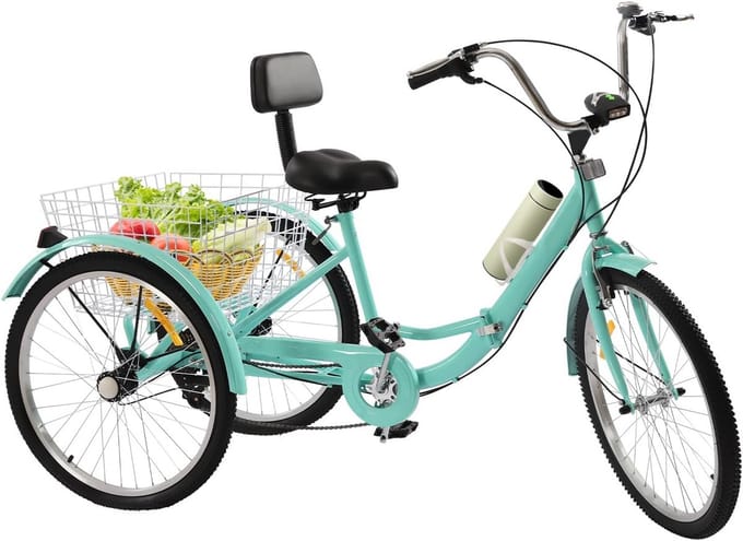 Tricycle for Adults 24 Inch - 7 Speed Foldable Tricycle with 3 Wheels, Basket and Light (Turquoise)