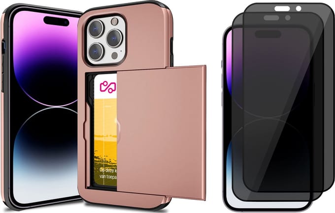Hoesje met Pasjeshouder geschikt voor iPhone 15 Pro Max - 2x Privacy Screen Protector FullGuard - Back Cover SlideCase Roségoud & Screenprotector