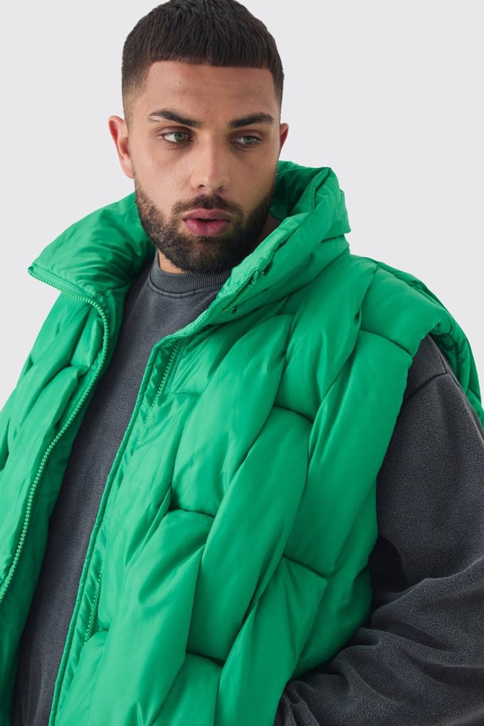 Plus Boxy Fit Handgewoven Gevoerd Gilet in Groen | Green | Size 3XL