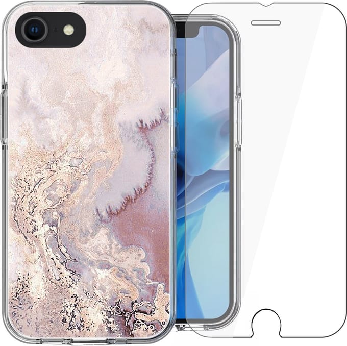 Hoesje geschikt voor iPhone SE 2020 / 8 / 7 - Siliconen Shock Proof Case Back Cover Hoes Marmer Roze + Screenprotector Gehard Glas Screen Protector