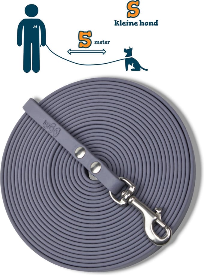 Miqdi BioThane® Sleeplijn 5 meter – zonder handvat – S (9 mm) – grijs – waterdicht & sterk