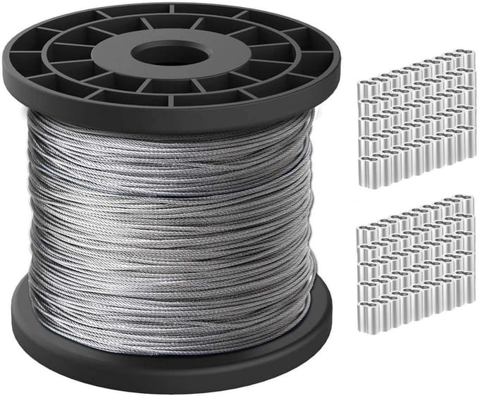 RVS draadkabel 30 meter met 100 aluminium krimpkousen, 1/16 inch