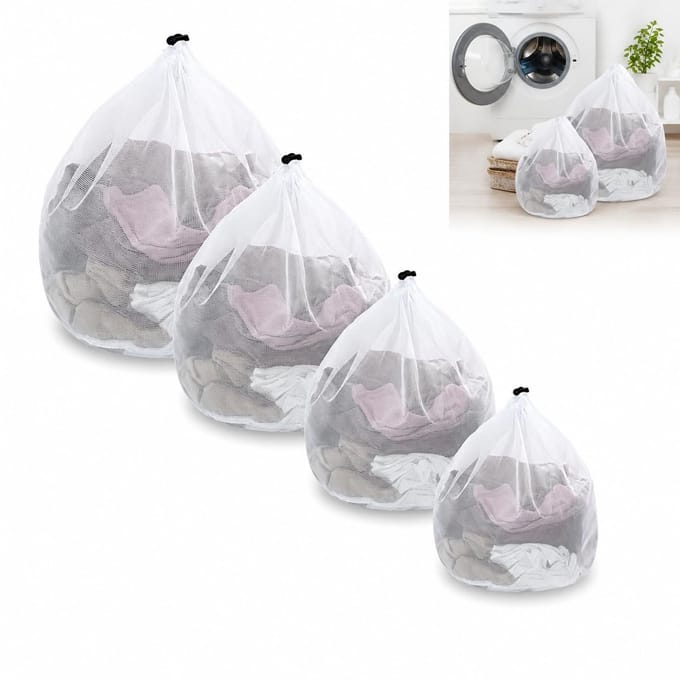 Solidchoice - Set van 4 Fijne Mesh Waszakken met Trekkoord